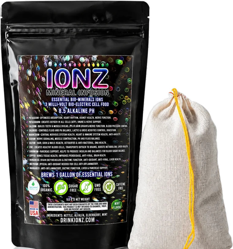 IONZ Mineral Infusion pouch with its cream muslin brewing bag