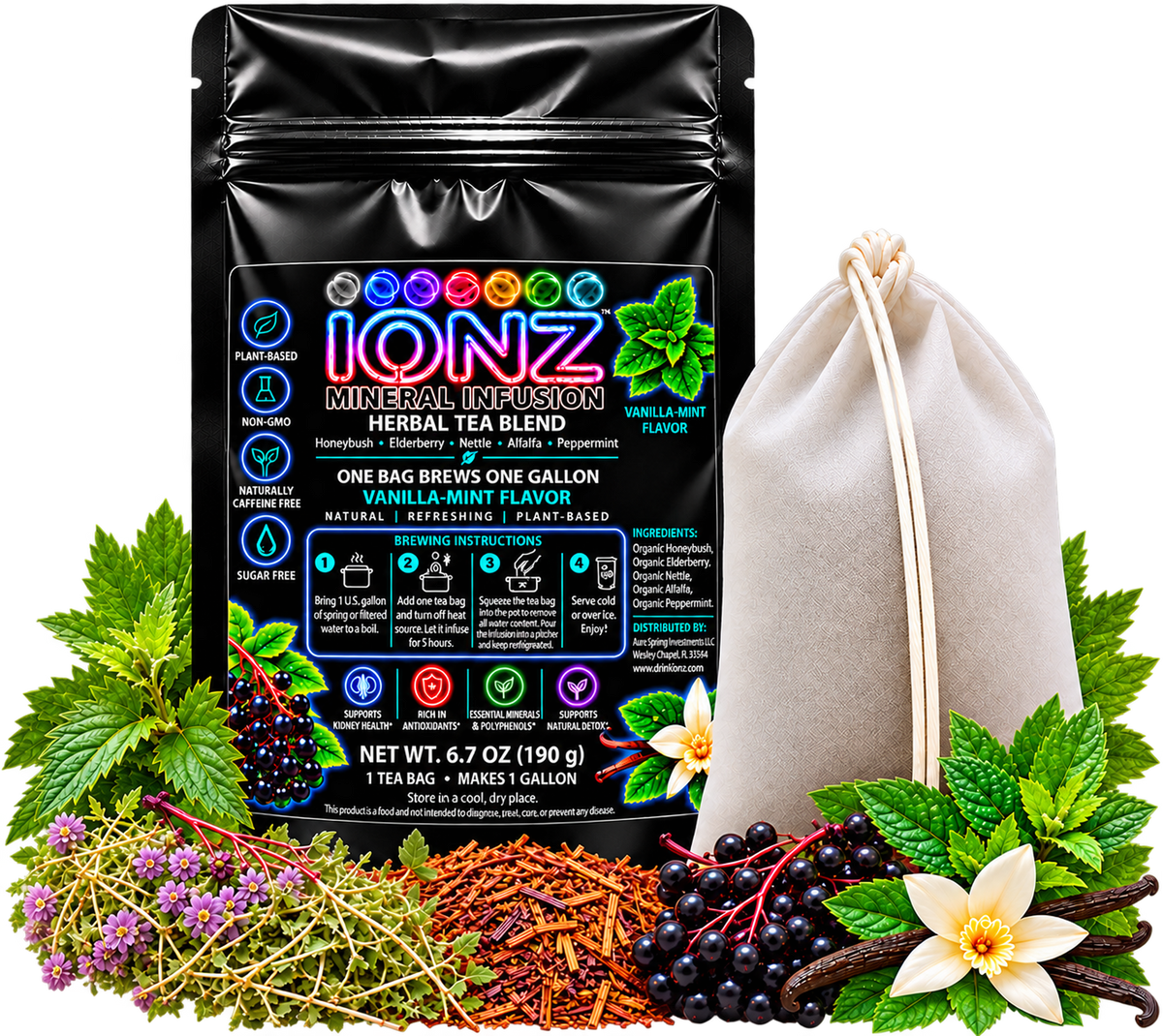 IONZ Mineral Infusion pouch with its cream muslin brewing bag