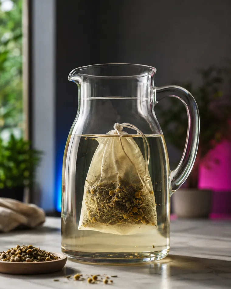 A cream muslin brewing bag steeping in a glass jug of water